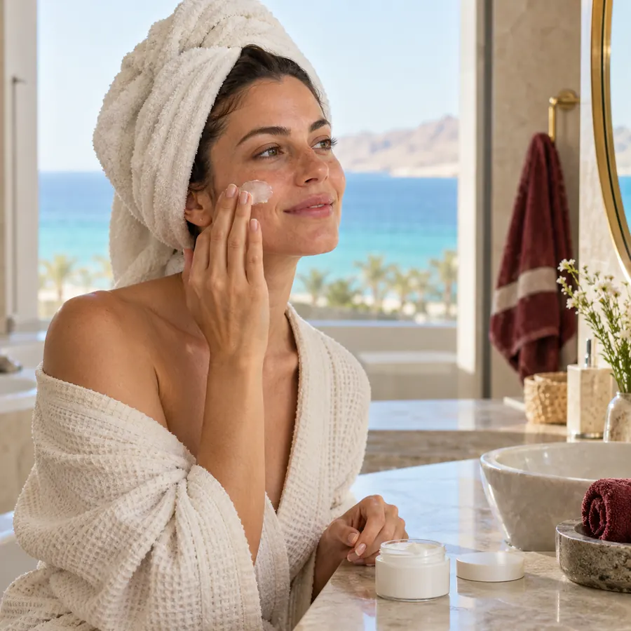 A woman applying face cream in a bright coastal hotel bathroom